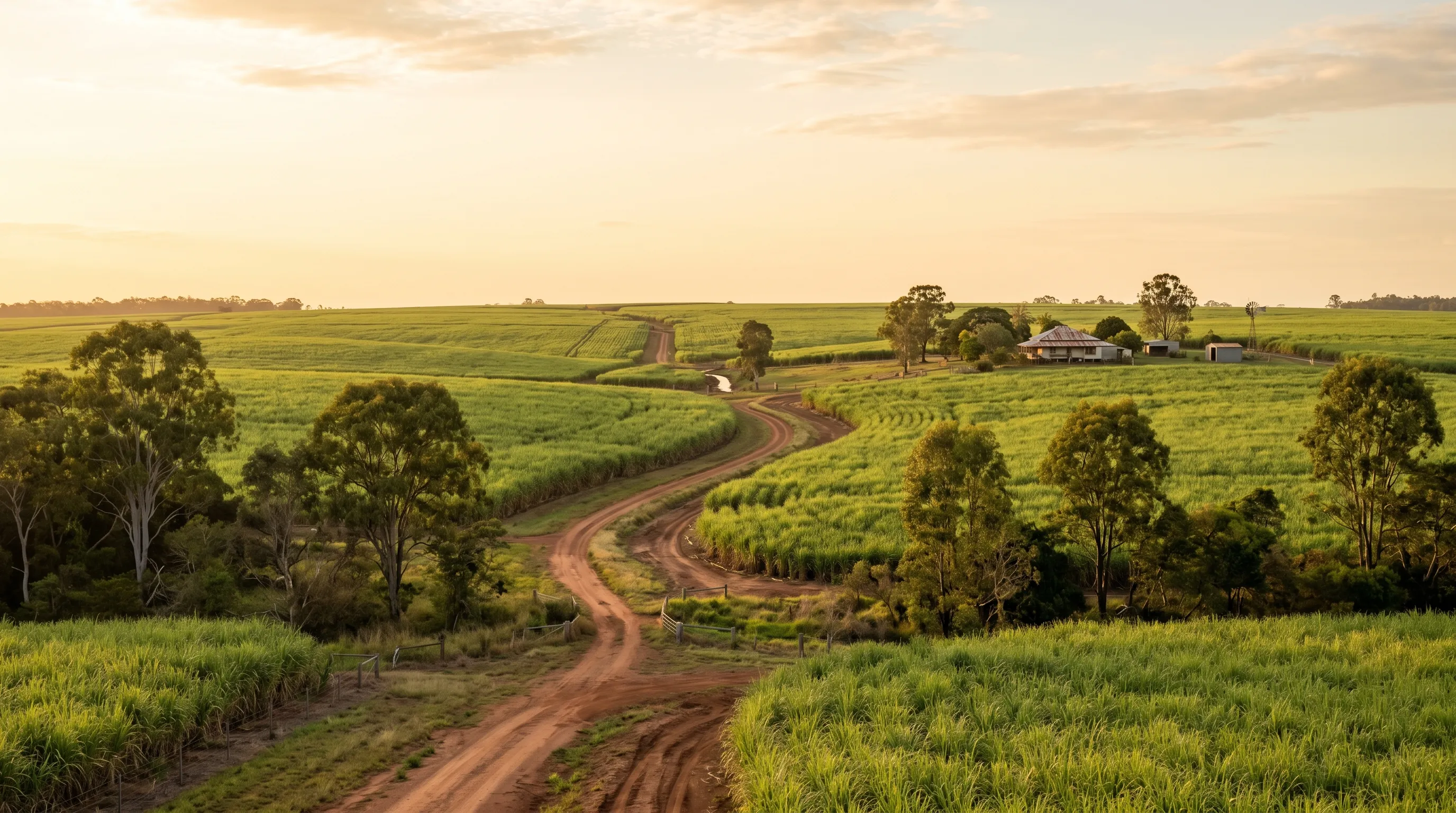 Bundaberg sugar cane fields with a ute at sunset, wide flat Queensland landscape
