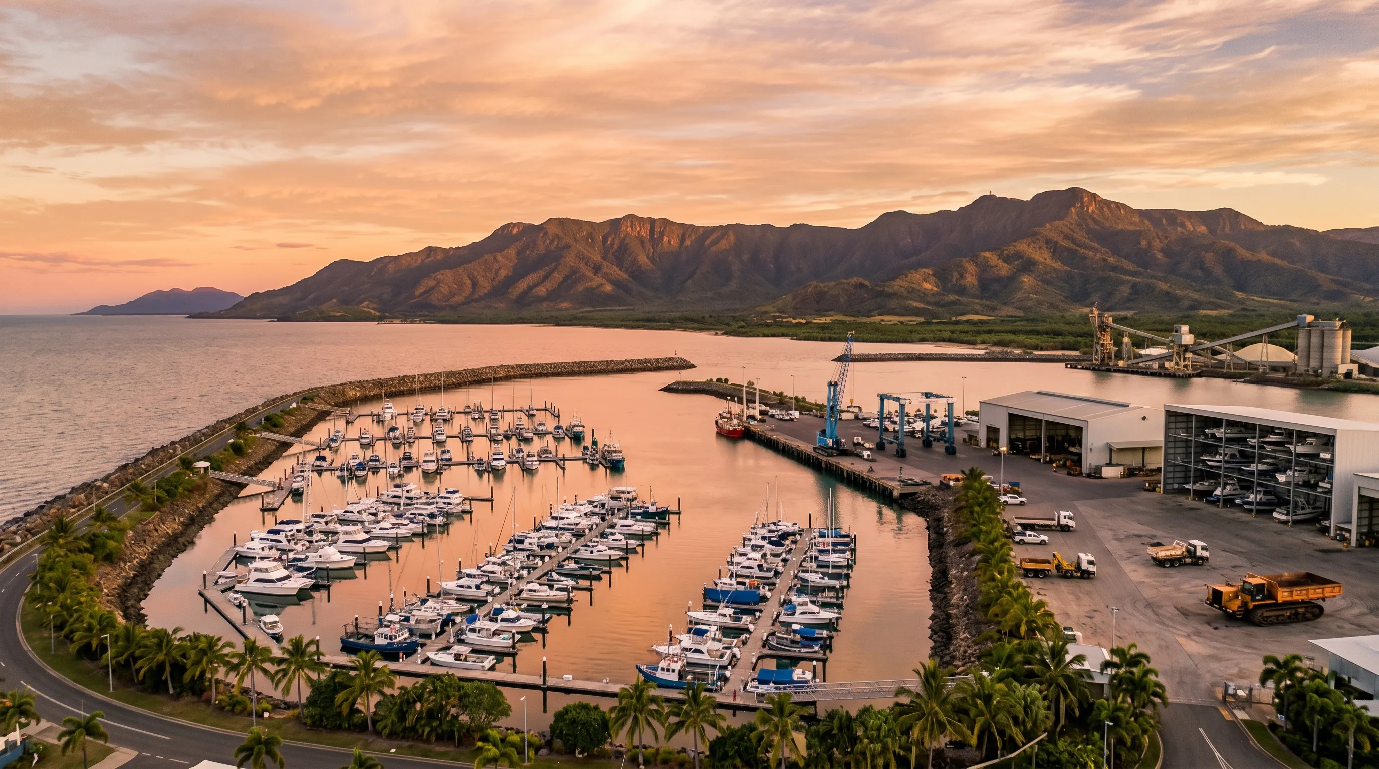 Mackay marina with a boat and blue tropical water, or mining conveyor in distance
