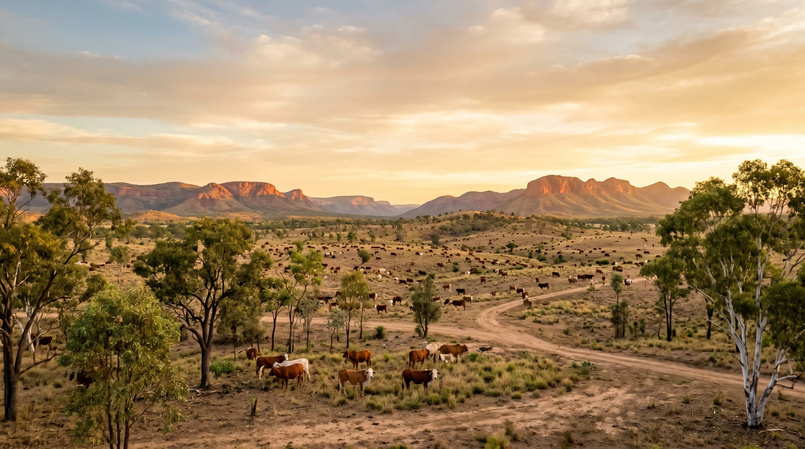 Rocky QLD landscape with cattle and a ute on a red-dirt station road